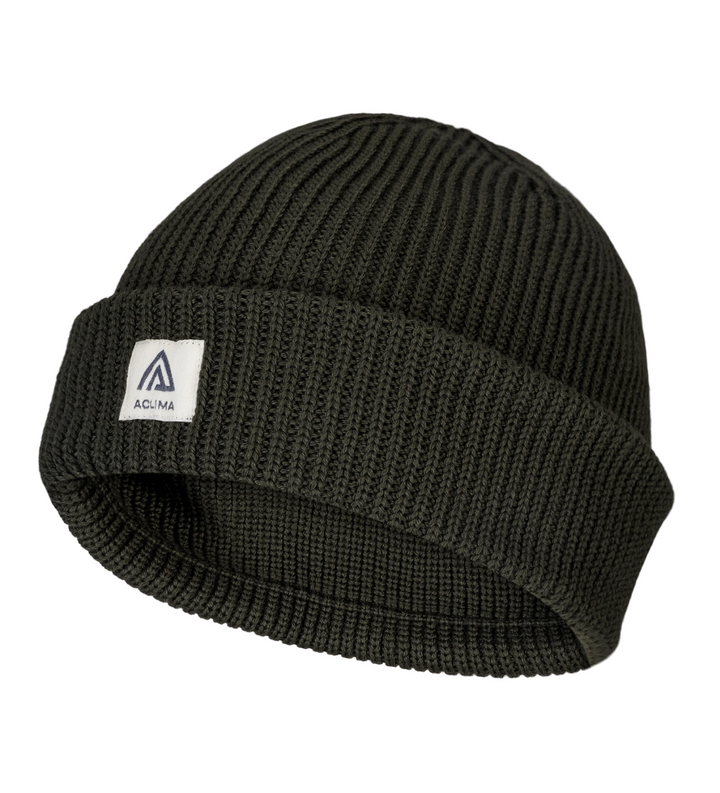 Black knit beanie with a visible brand logo on a white background