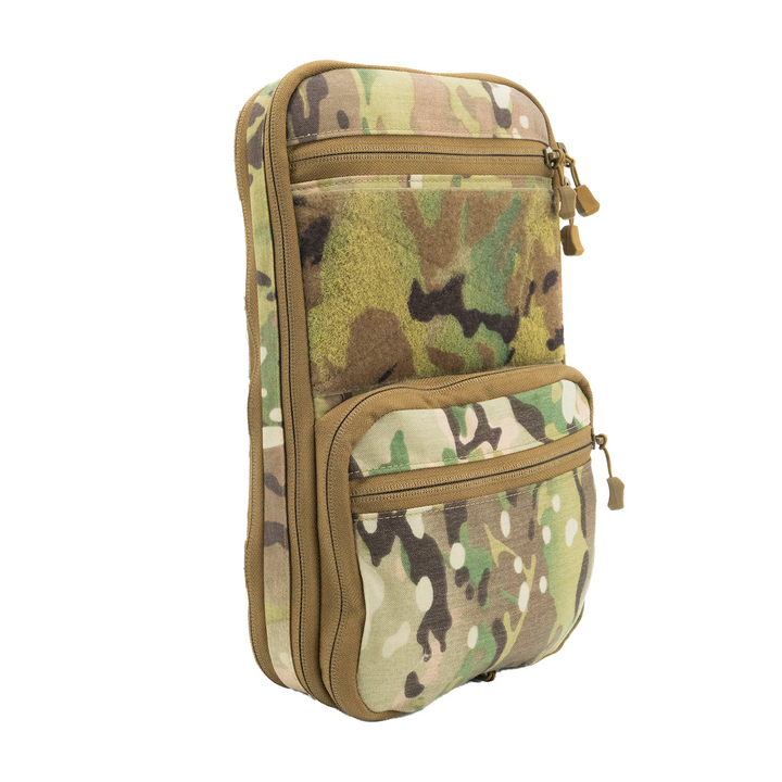 Camouflage pouch with multiple zippers on a white background