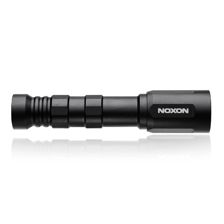 Black flashlight with 'NOXON' branding on a white background
