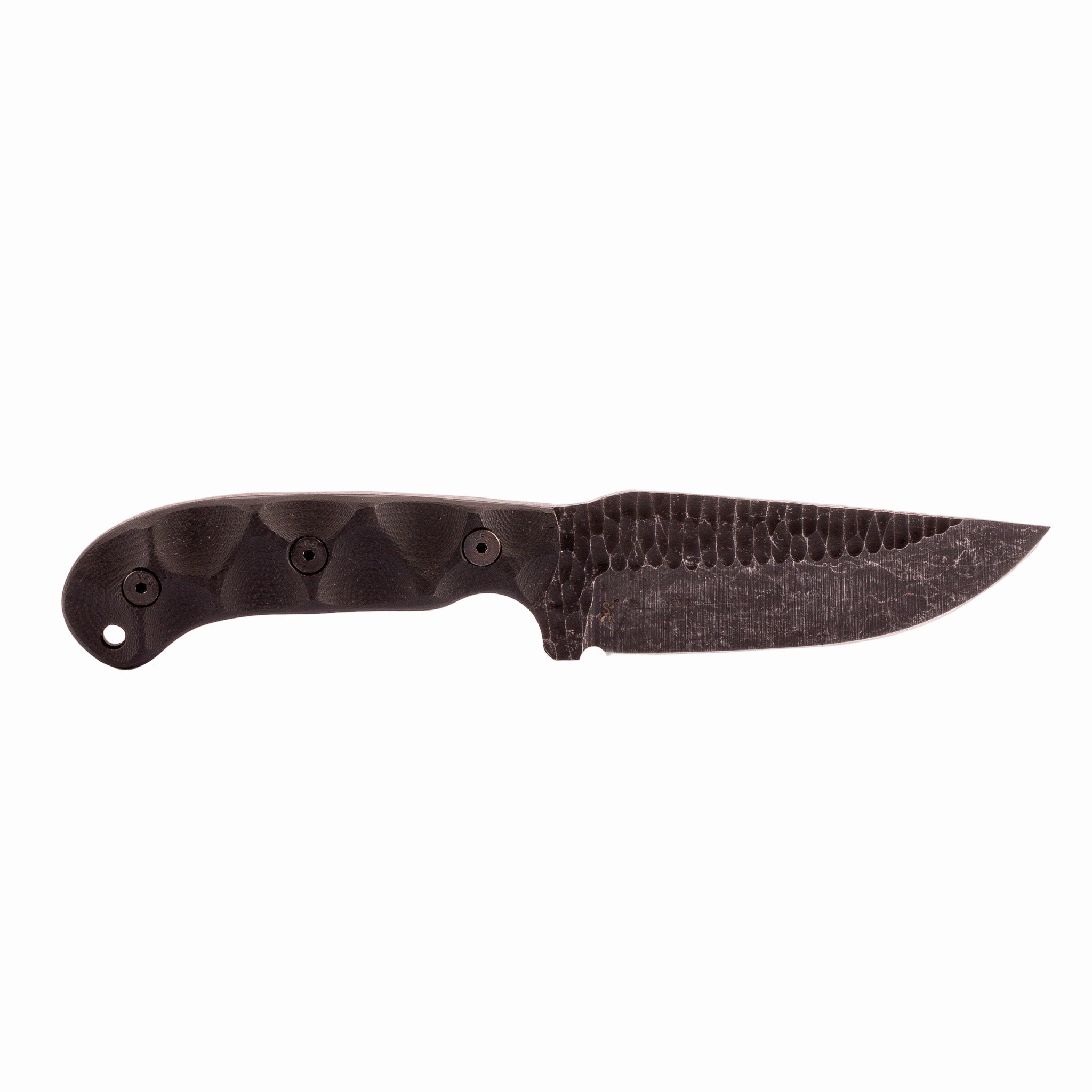 Black knife with textured blade on a white background