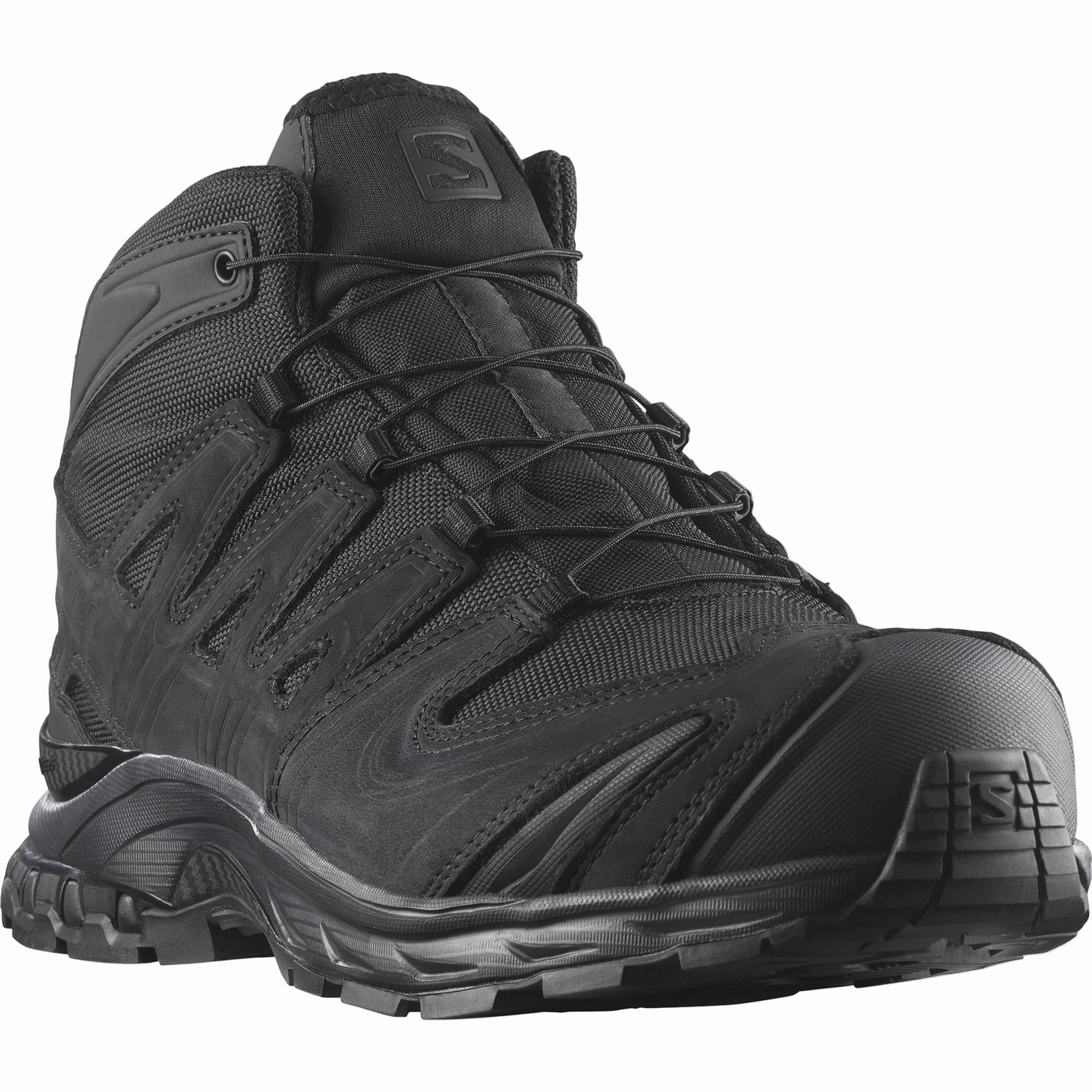 Black hiking boot with brand logo on a white background