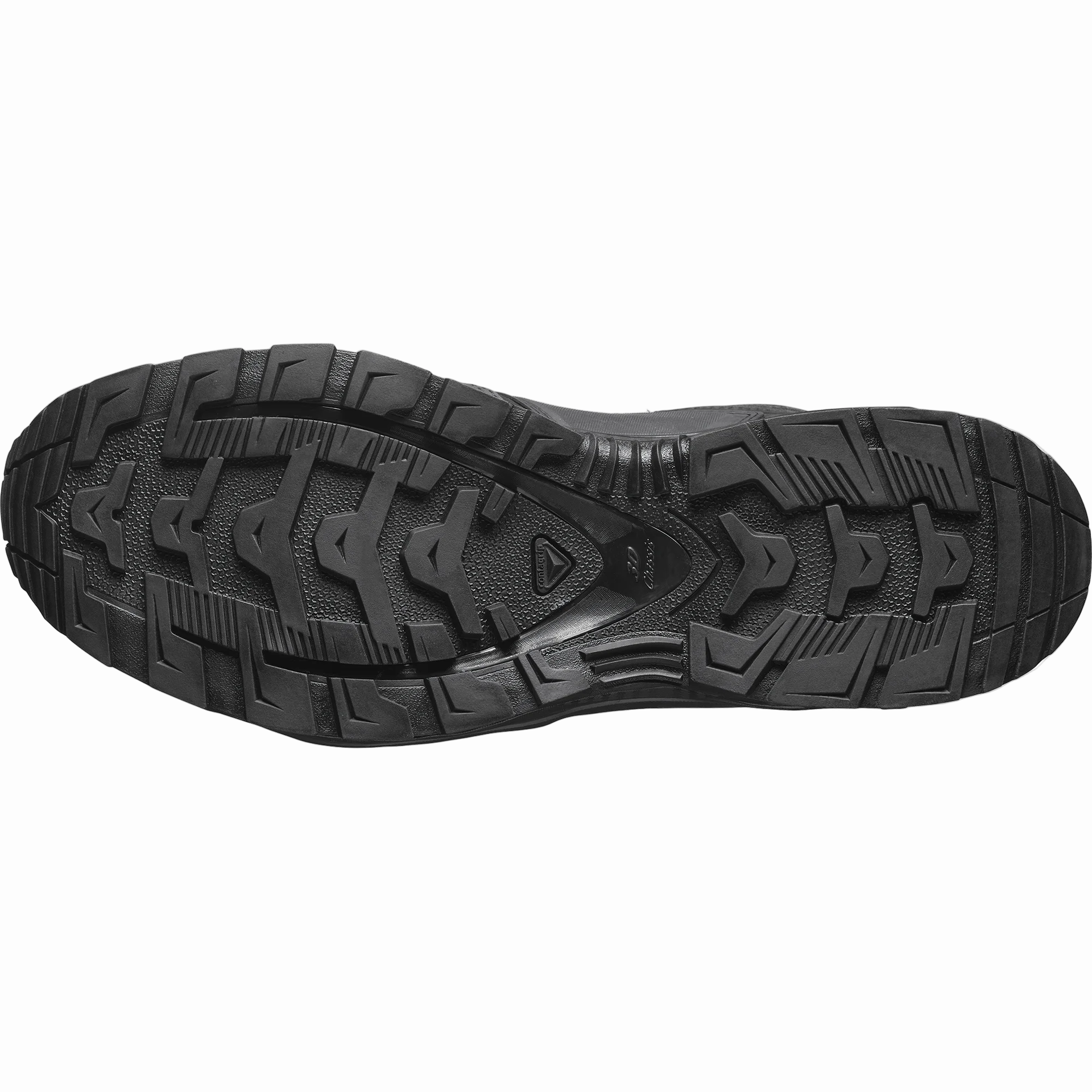 Black hiking boot sole on a white background