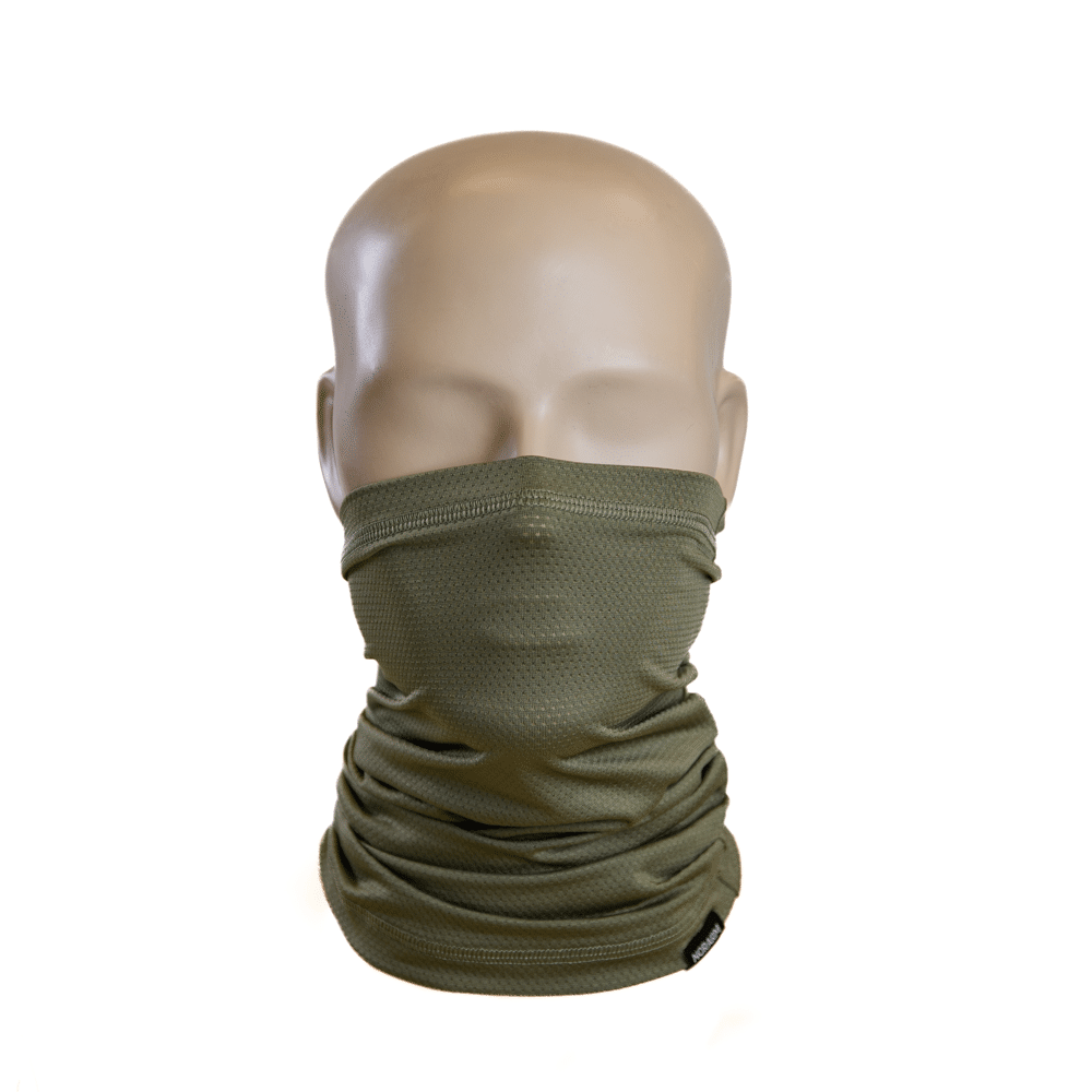 Green neck gaiter on a mannequin head against a white background