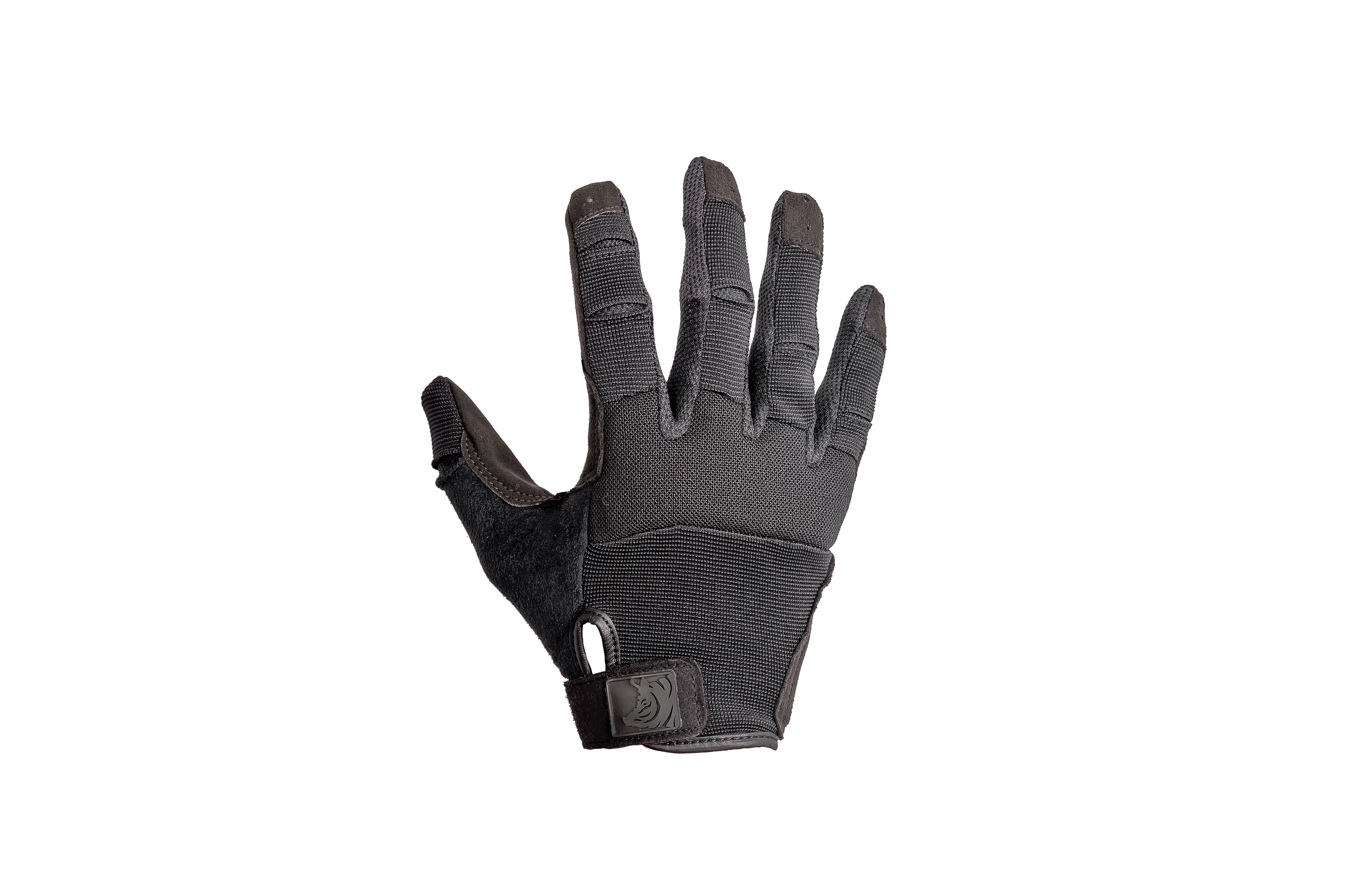 Black tactical glove on a white background