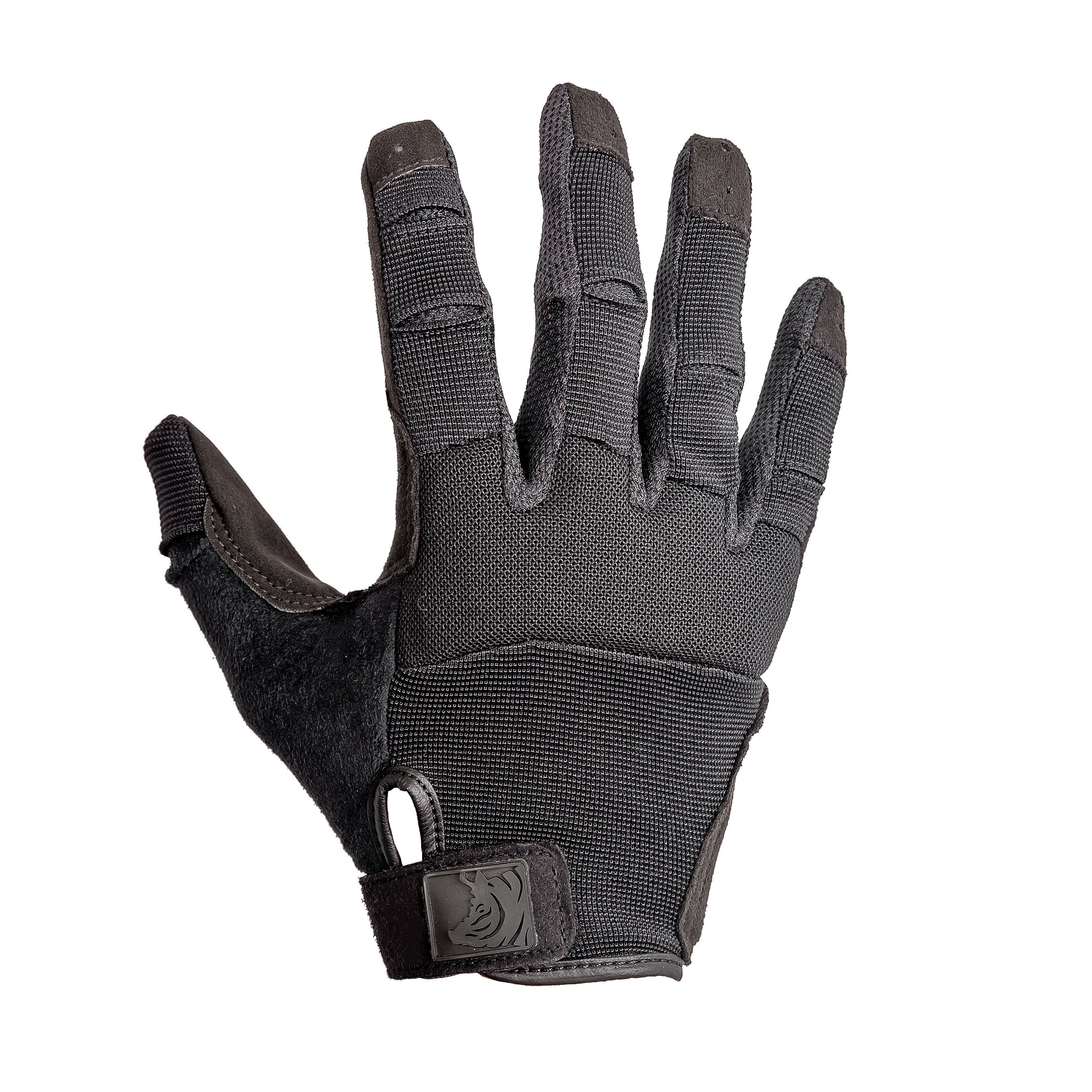 Black tactical glove on a white background
