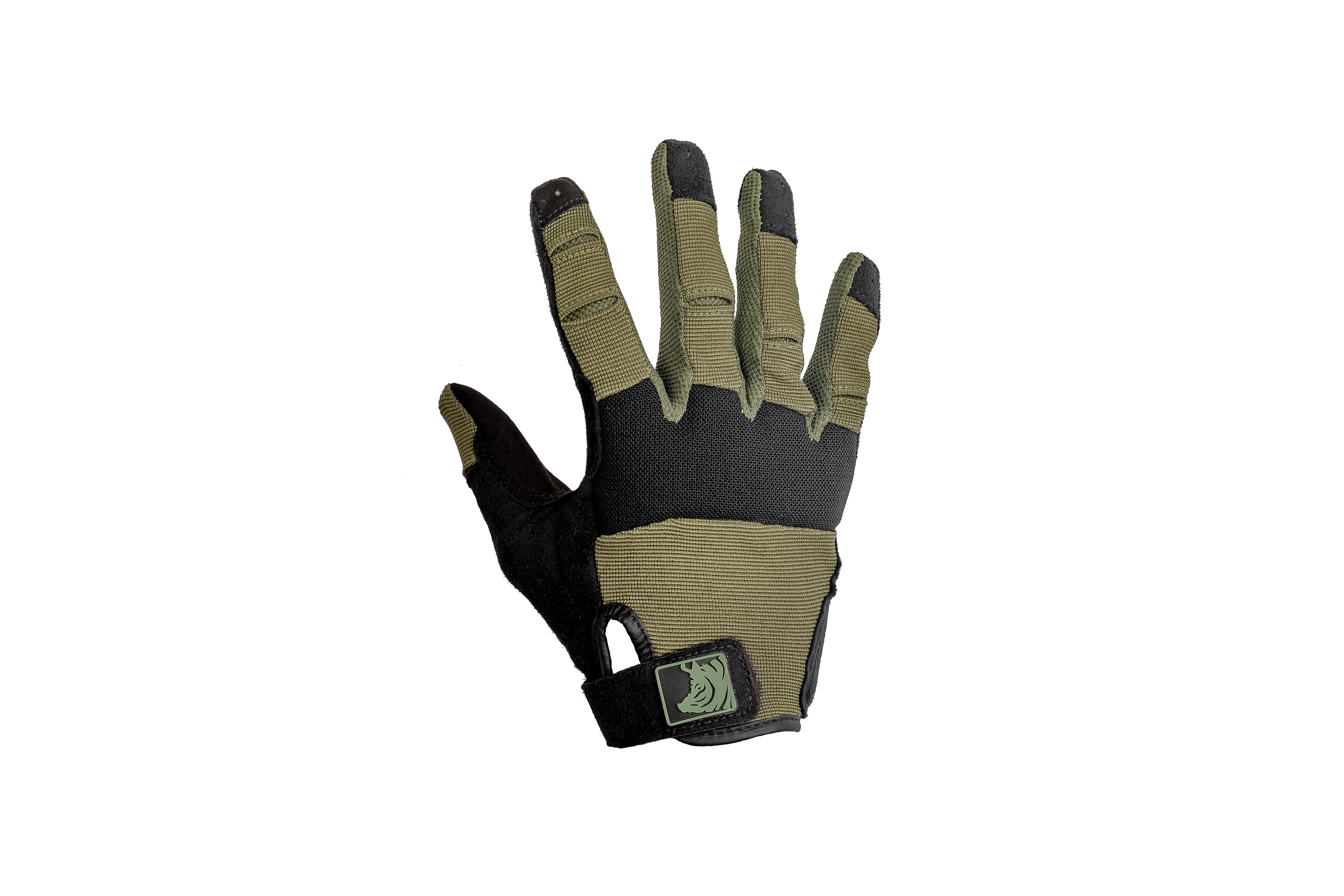 Tan and black glove on a white background