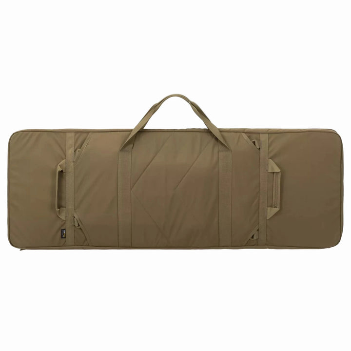 Brown gun case with a handle on a white background