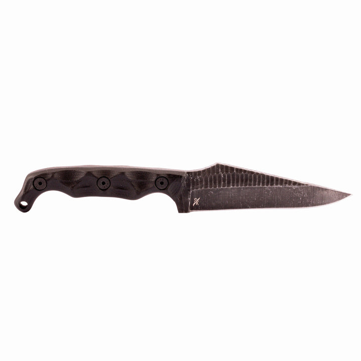 Black knife with a textured blade on a white background