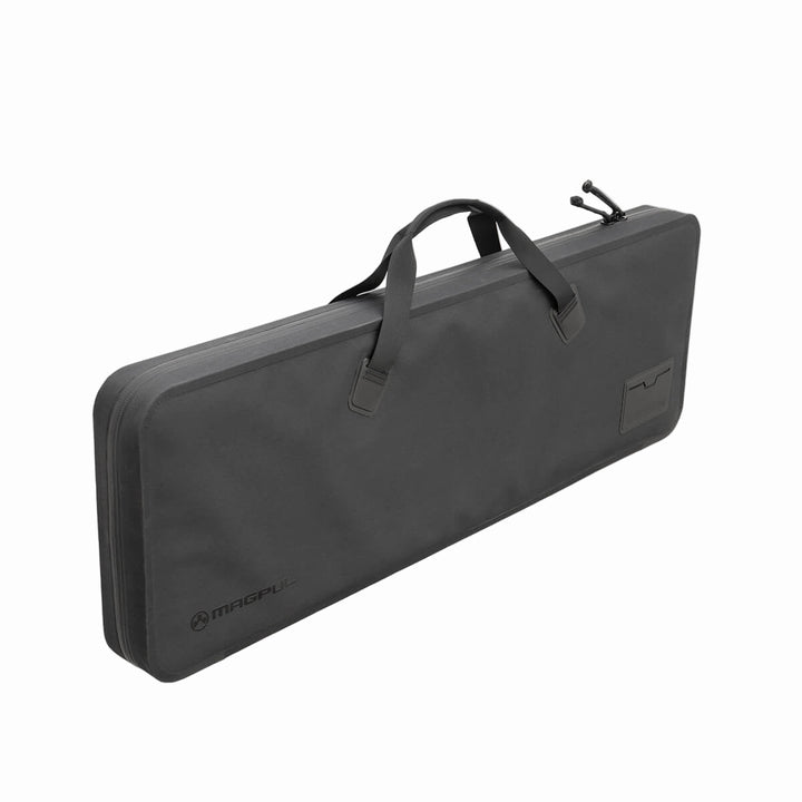 Black gun case with handle and visible brand logo on a white background