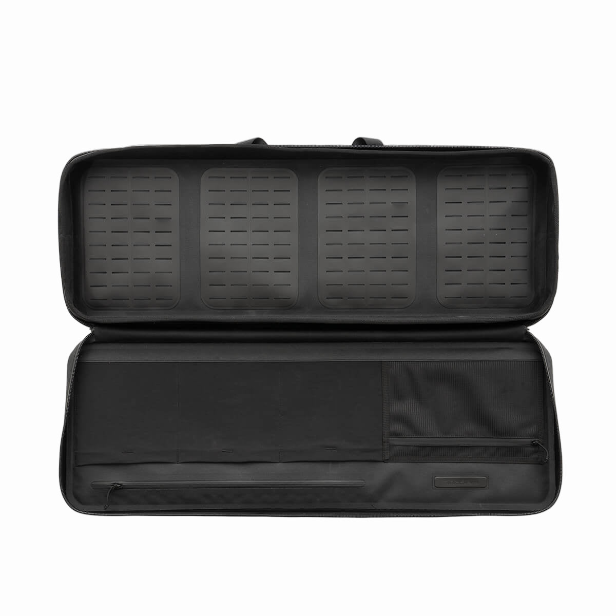Black rifle case with open lid on a white background