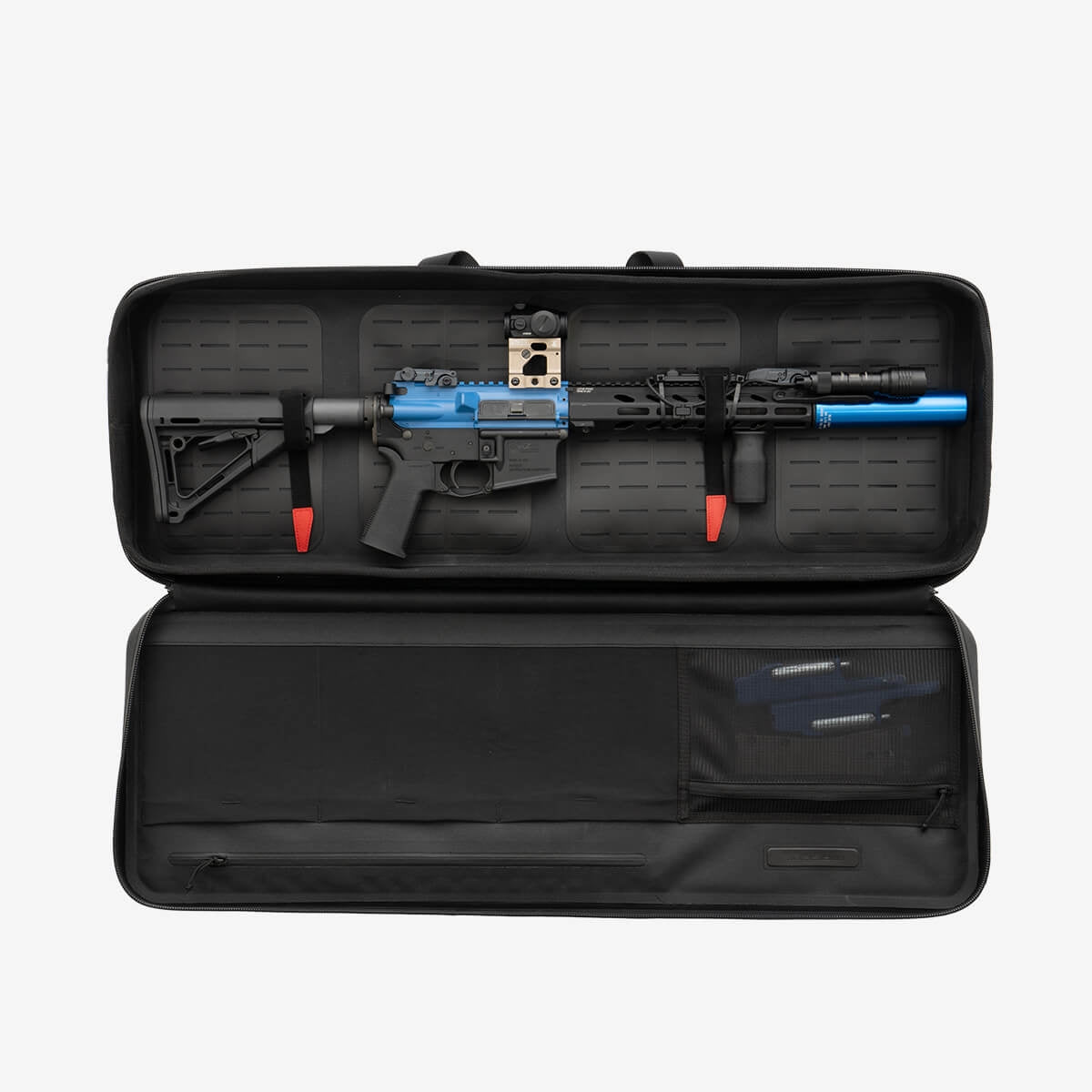 Black rifle case with a rifle inside on a white background