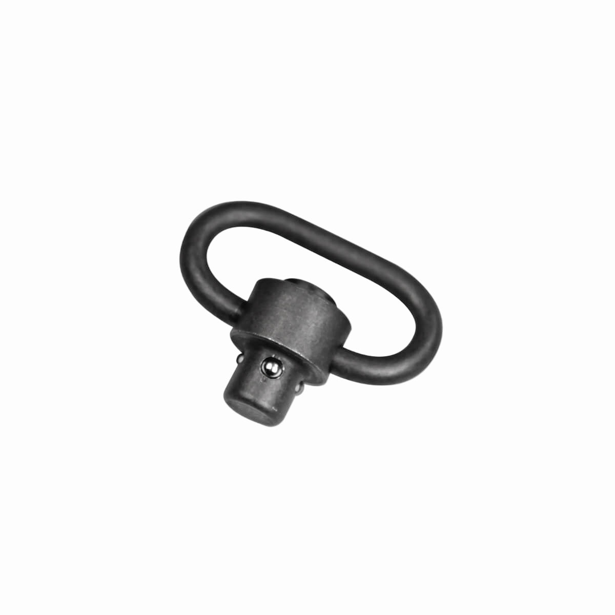 Black metal QD (Quick Detach) sling swivel on a white background