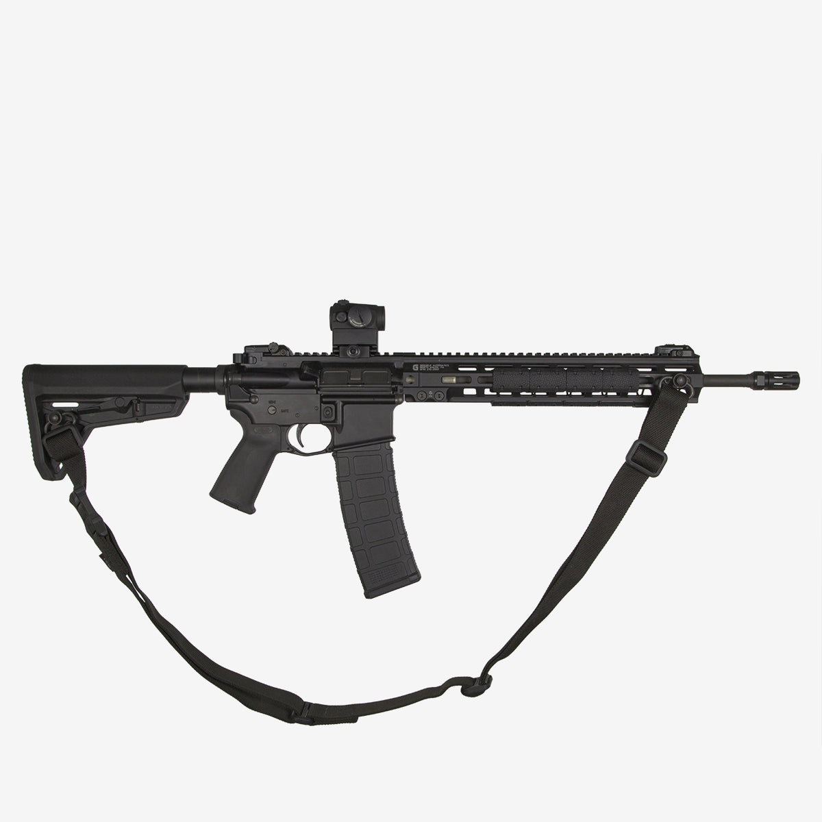 Black rifle with sling on a white background
