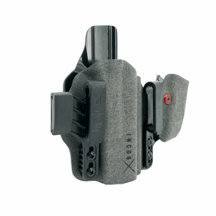 Gray holster with a red accent on a white background