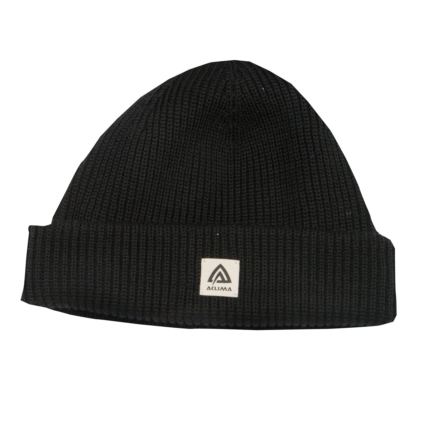 Black beanie with a logo on a white background