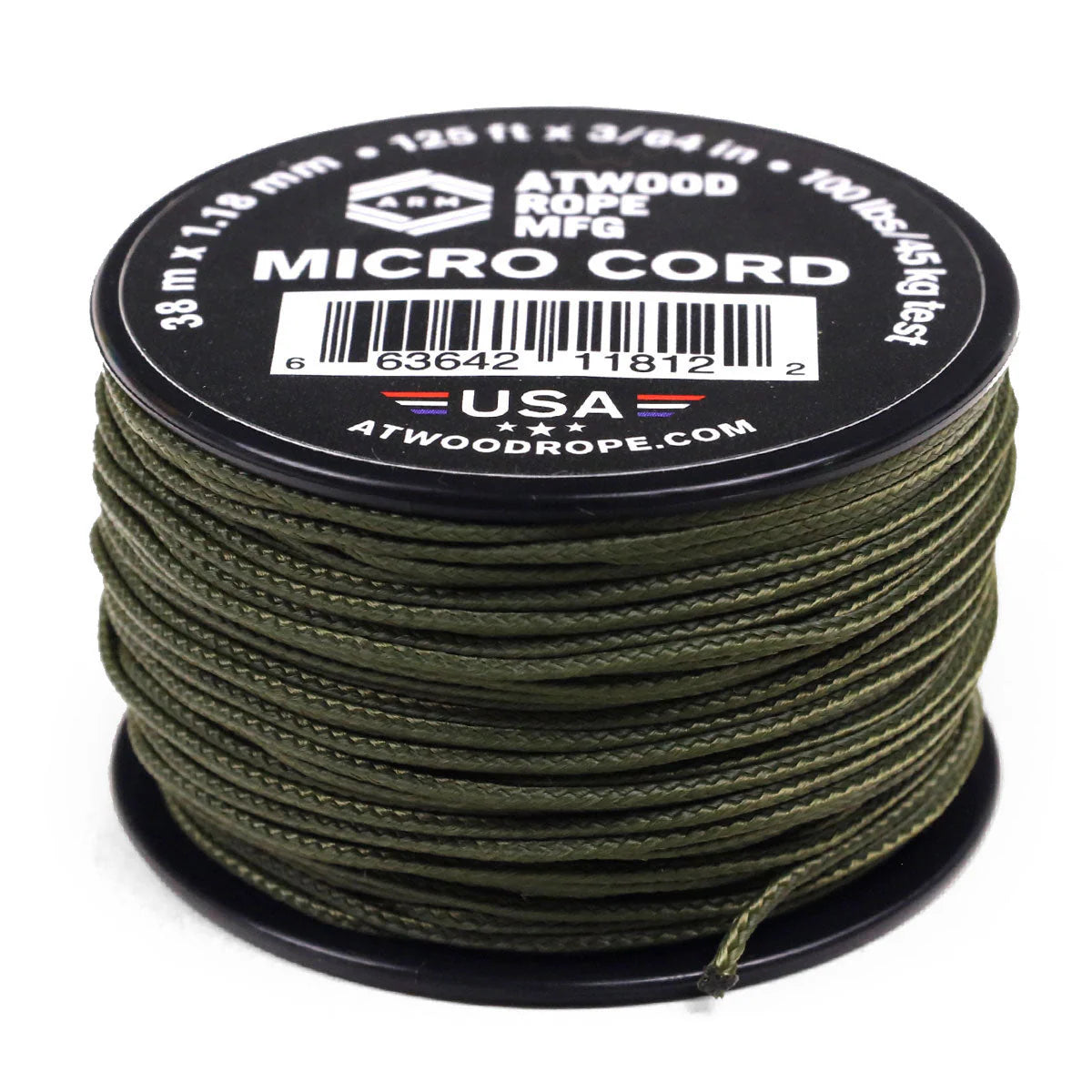 Spool of green micro cord with Atwood Rope Manufacturing label on a white background