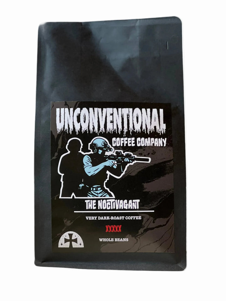 Black coffee bag with 'Unconventional Coffee Company' label featuring a graphic of a person with a rifle.