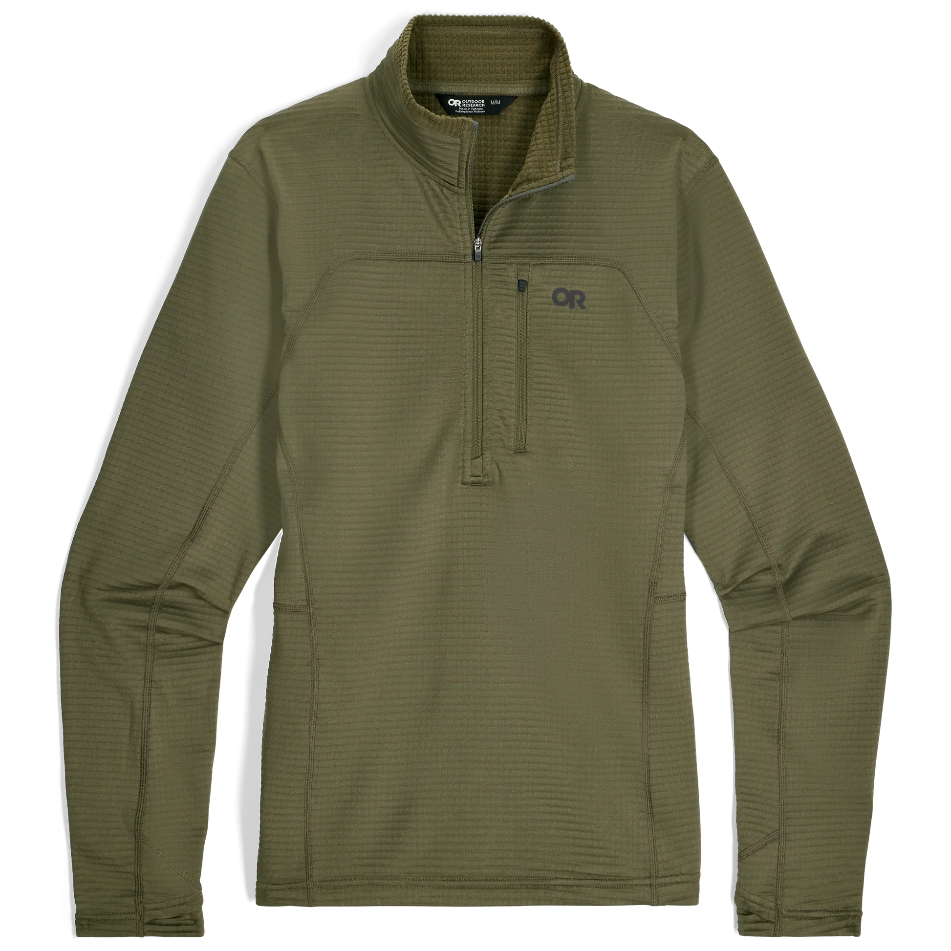 Green pullover with a brand logo on a white background