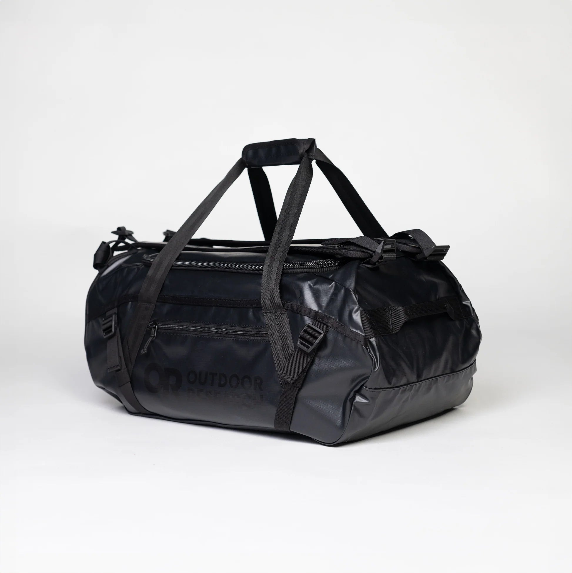 Black duffel bag on a white background