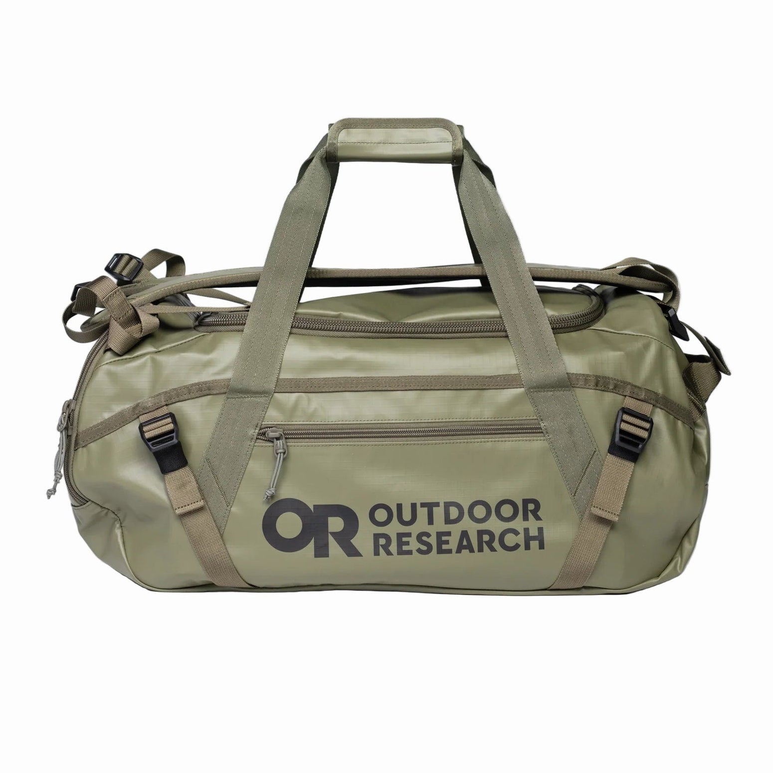 Green duffel bag with 'Outdoor Research' logo on a white background
