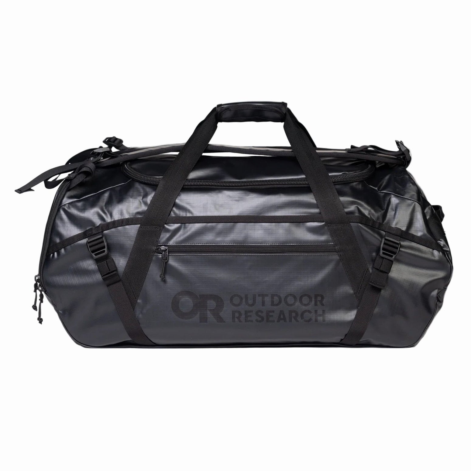 Black duffel bag with 'Outdoor Research' logo on a light gray background
