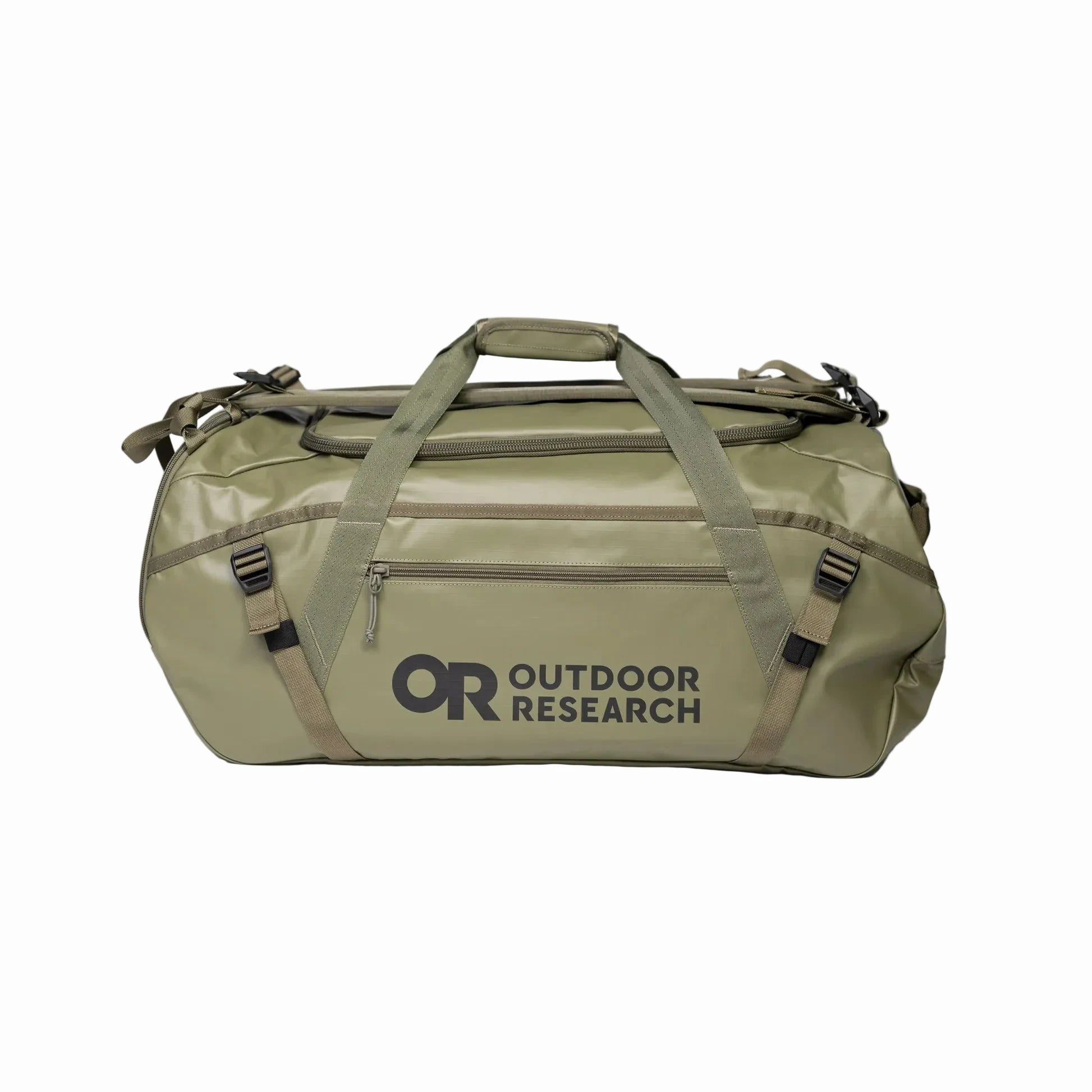 Green duffel bag with 'Outdoor Research' logo on a white background