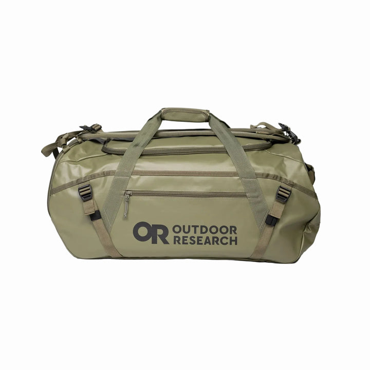 Green duffel bag with 'Outdoor Research' logo on a white background
