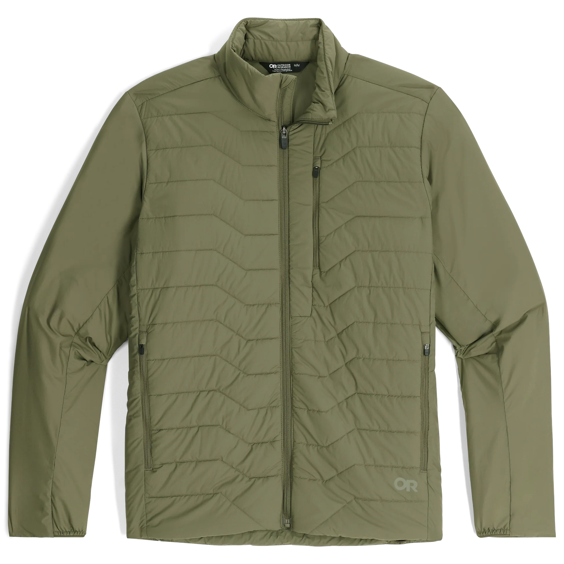 Green quilted jacket on a white background