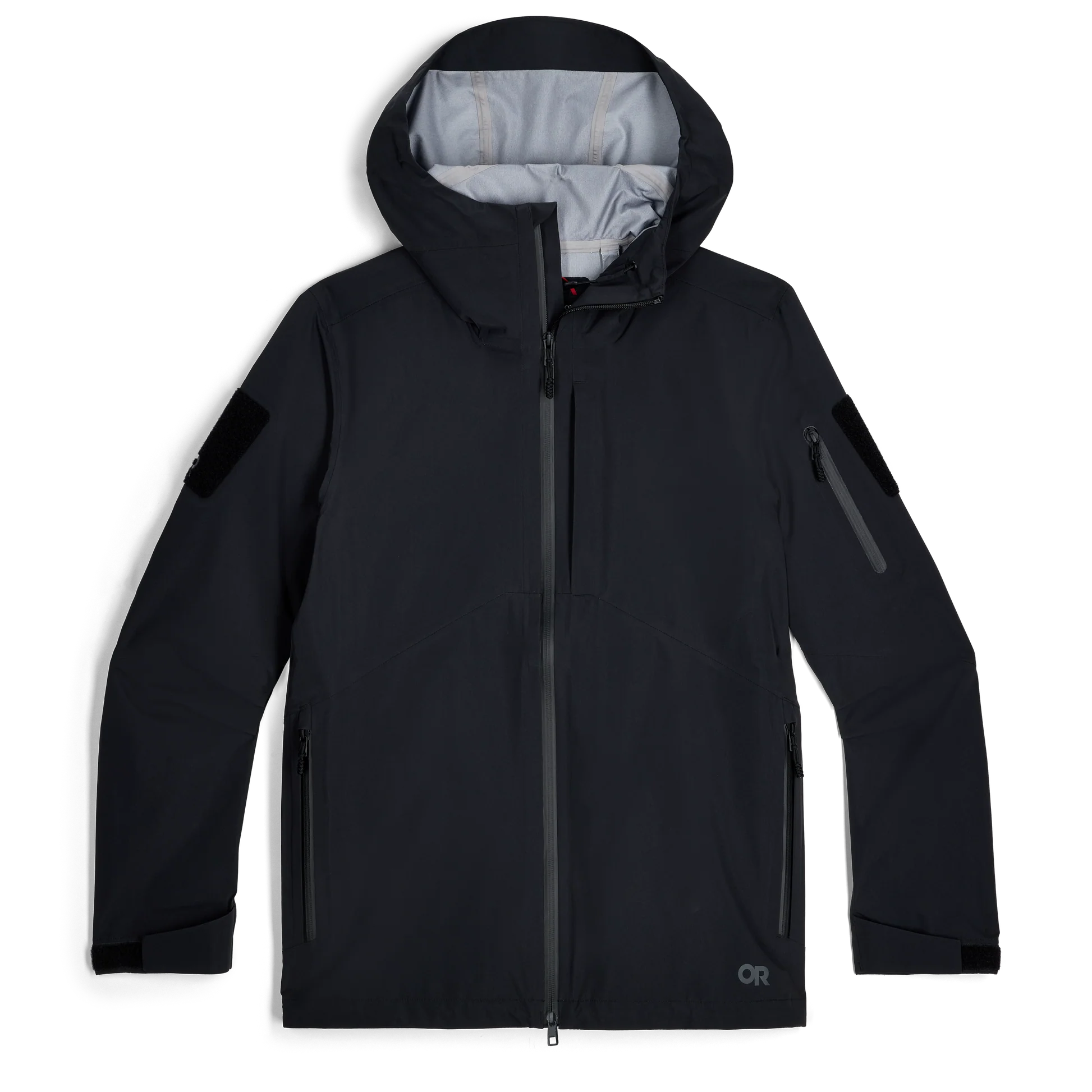 Black jacket with a hood on a white background