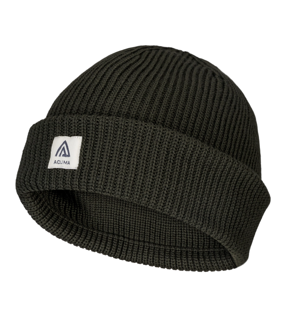 Black knit beanie with a visible brand logo on a white background
