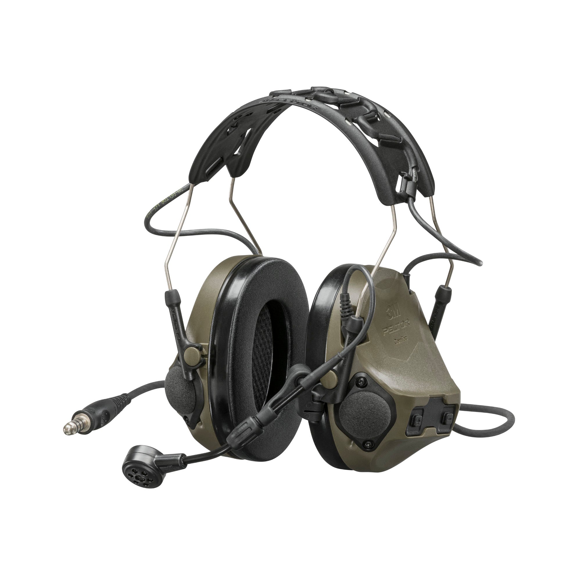 Pair of tactical headphones with microphone on a white background