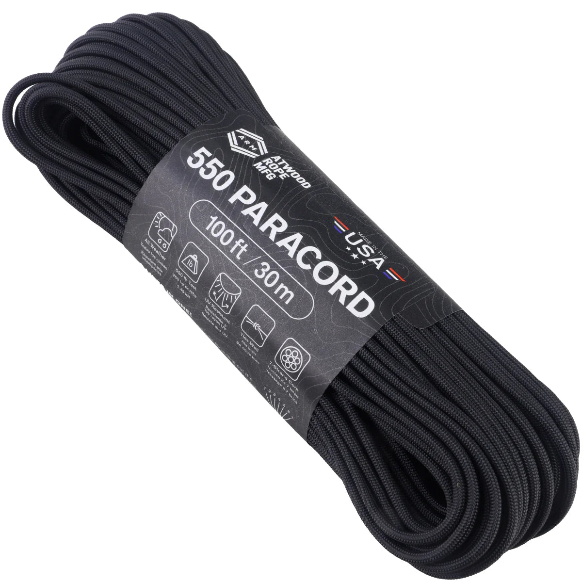 Black paracord with a label on a white background