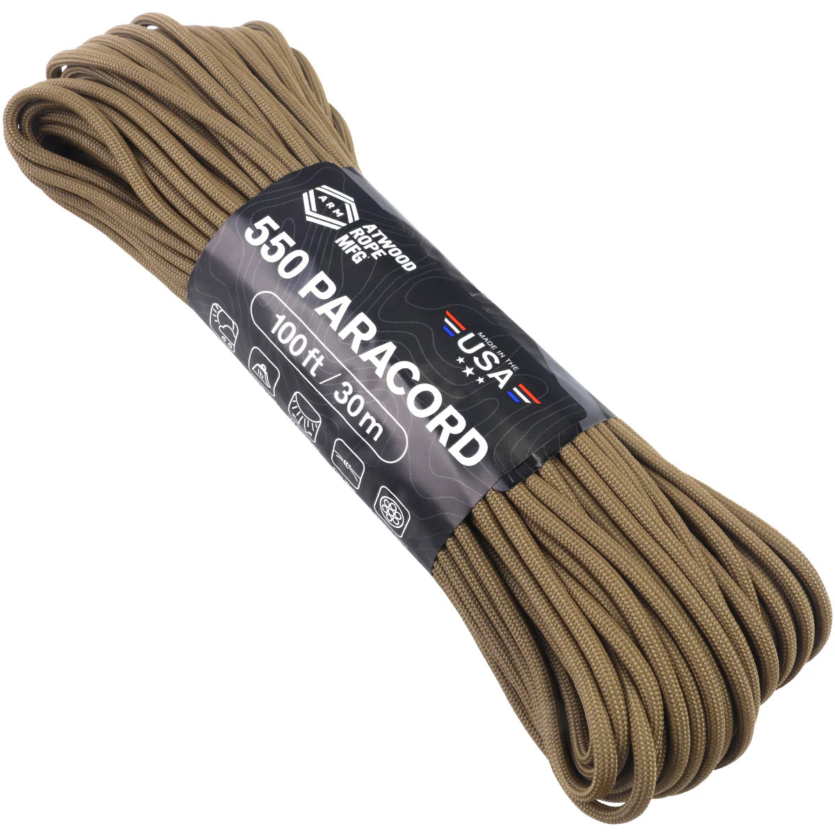 Brown paracord with a label on a white background