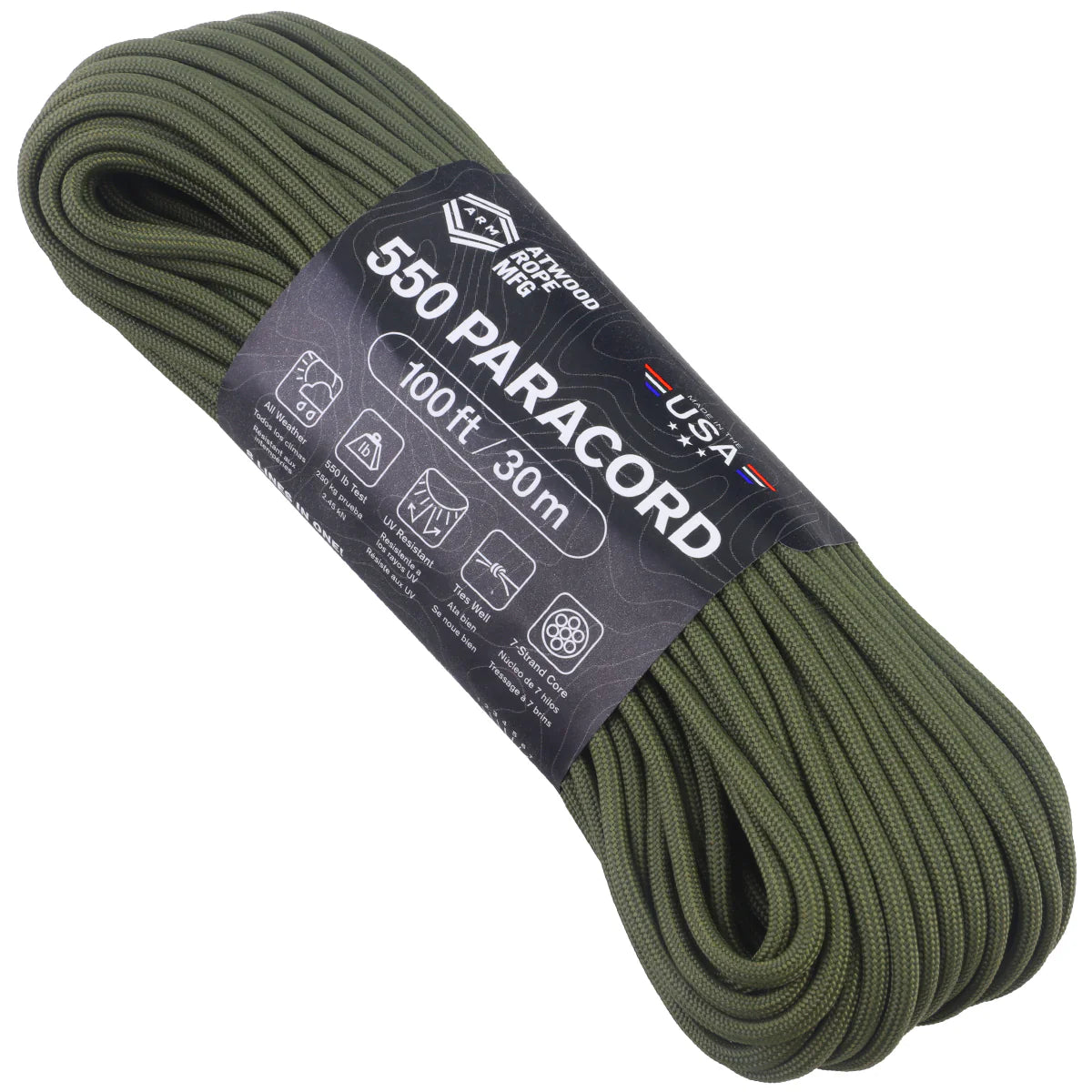 Rolled green paracord with a label on a white background
