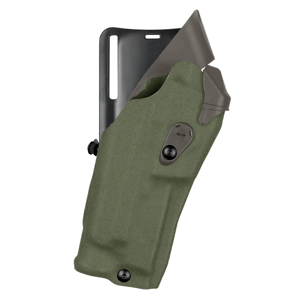 Green holster with black accents on a white background