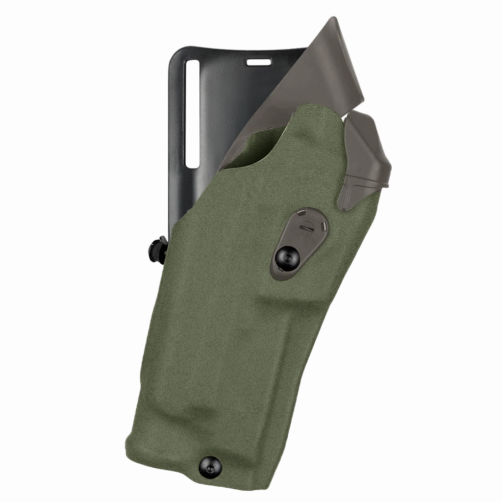 Green holster with a black clip on a white background