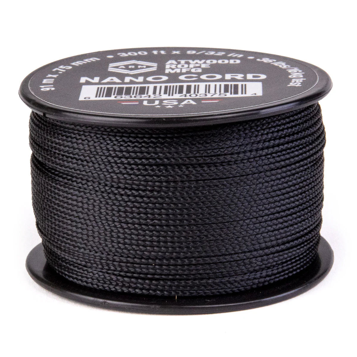 Spool of black nano cord with a label on a white background