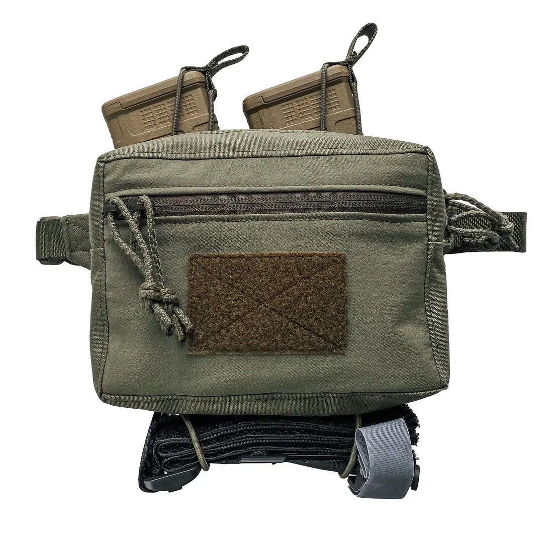 Green tactical pouch with straps on a white background