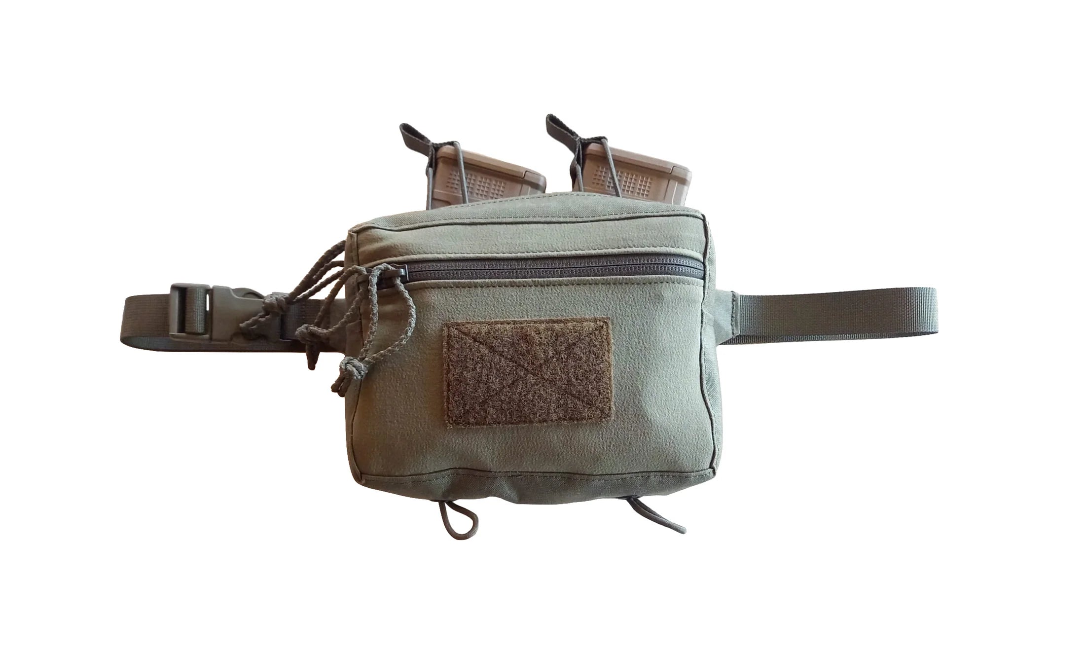 Green tactical pouch with a patch on a white background
