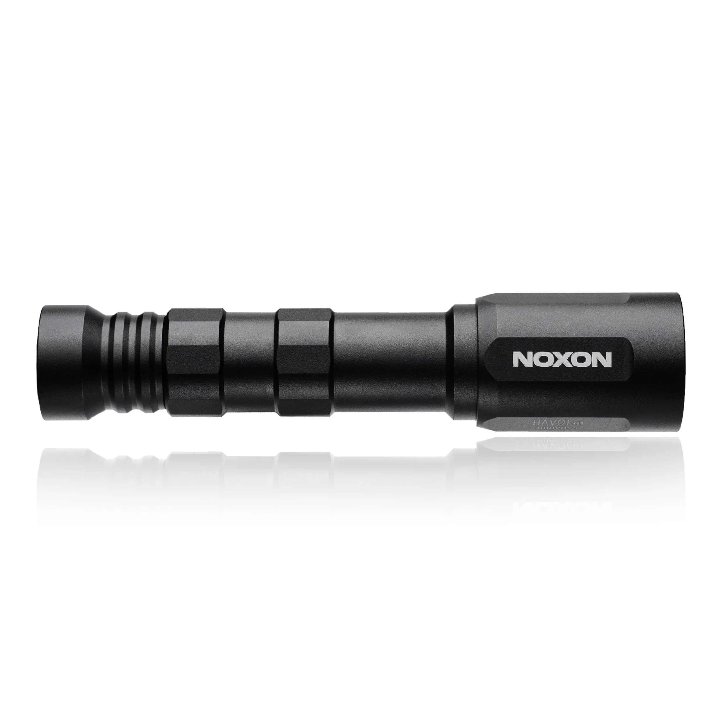Black flashlight with 'NOXON' branding on a white background