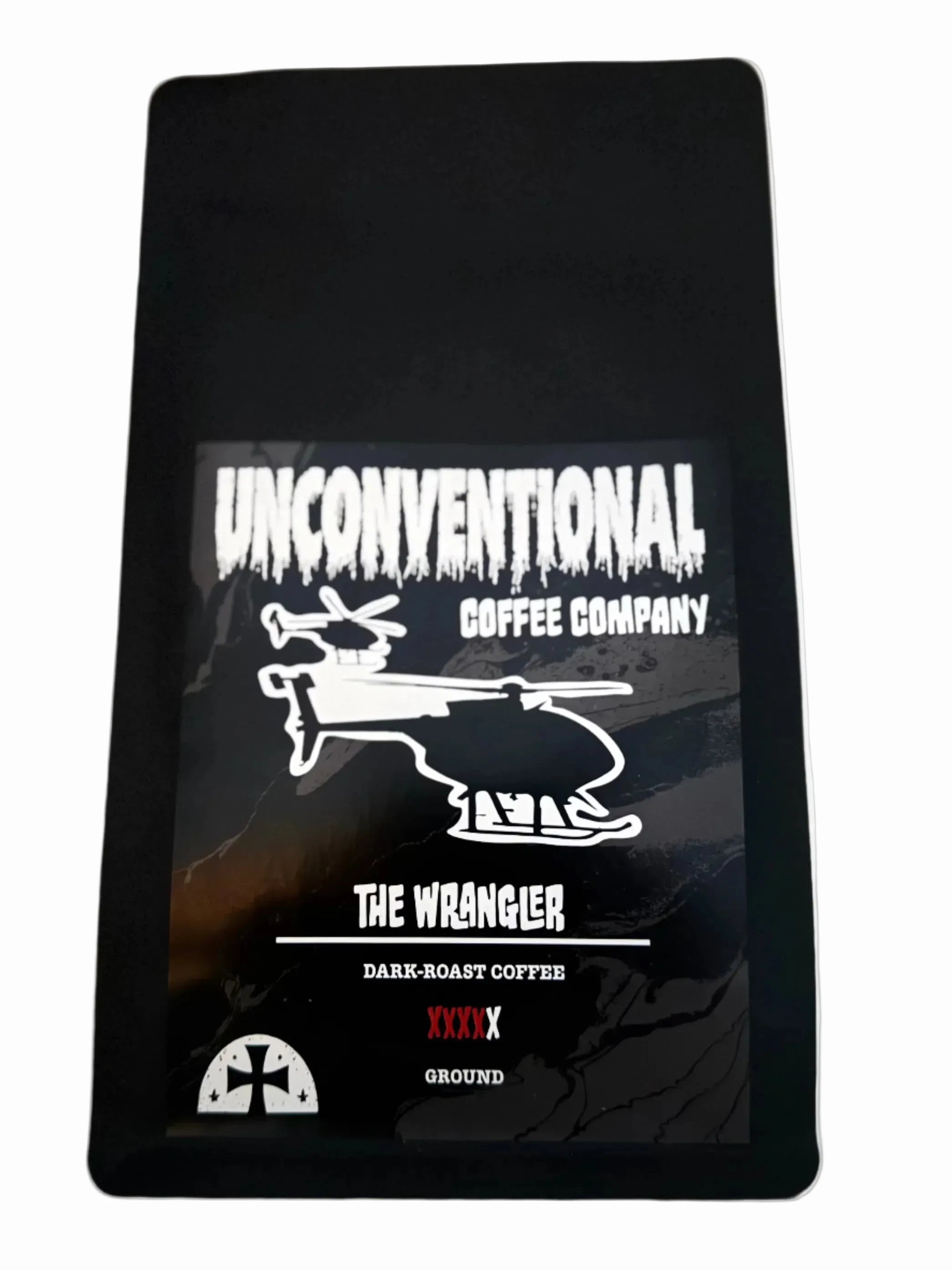 Black coffee bag with 'Unconventional Coffee Company' branding on a white background