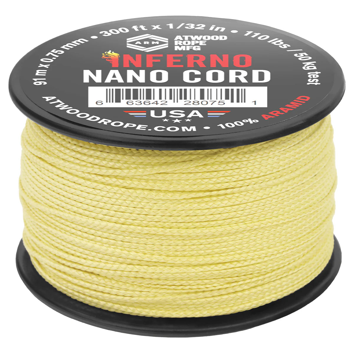 Spool of Atwood Rope MFG Inferno Nano Cord with yellow cord on a white background