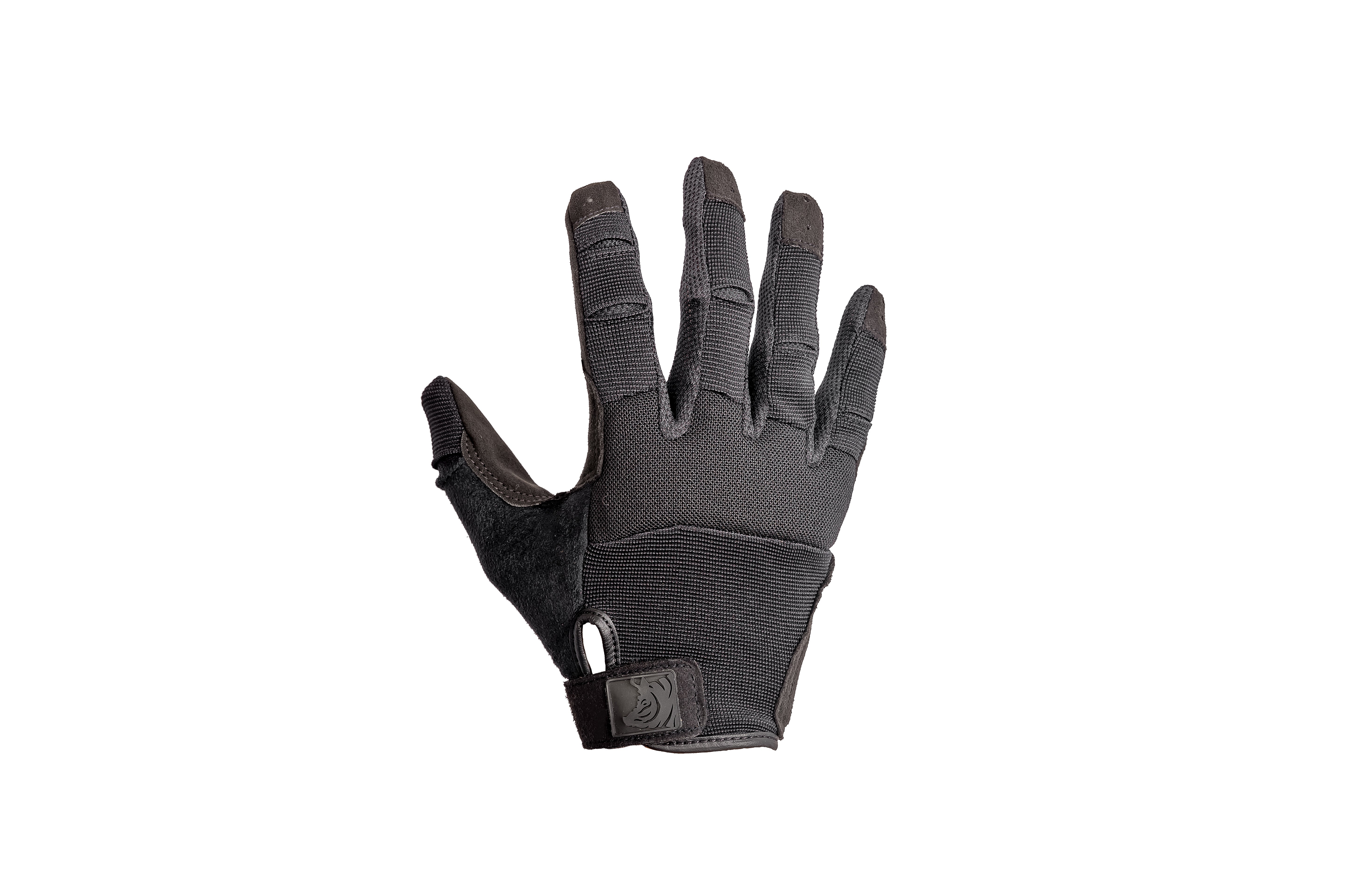 Black tactical glove on a white background