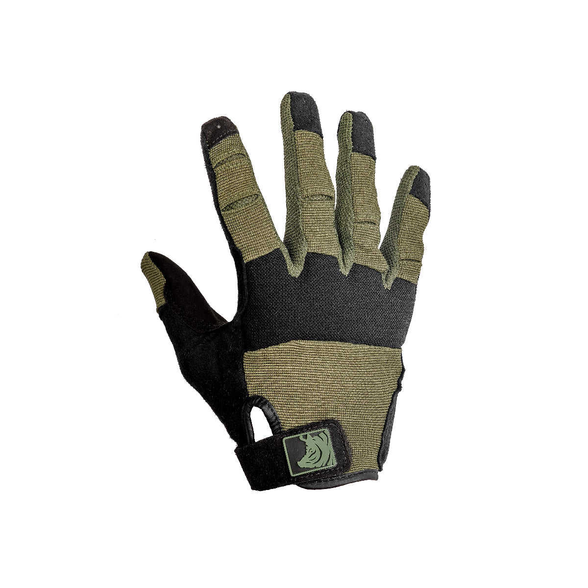 Tan and black glove on a white background