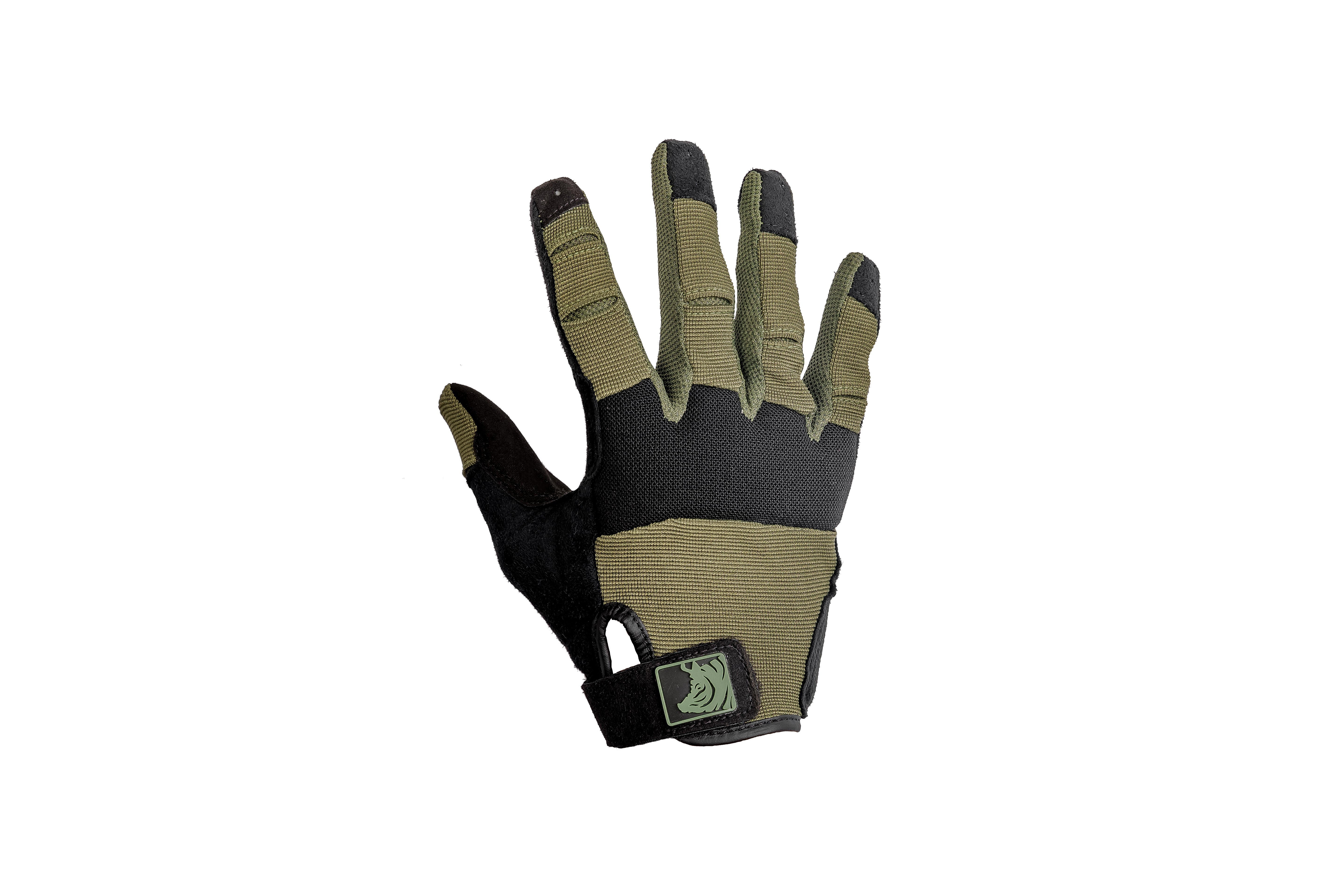 Tan and black glove on a white background