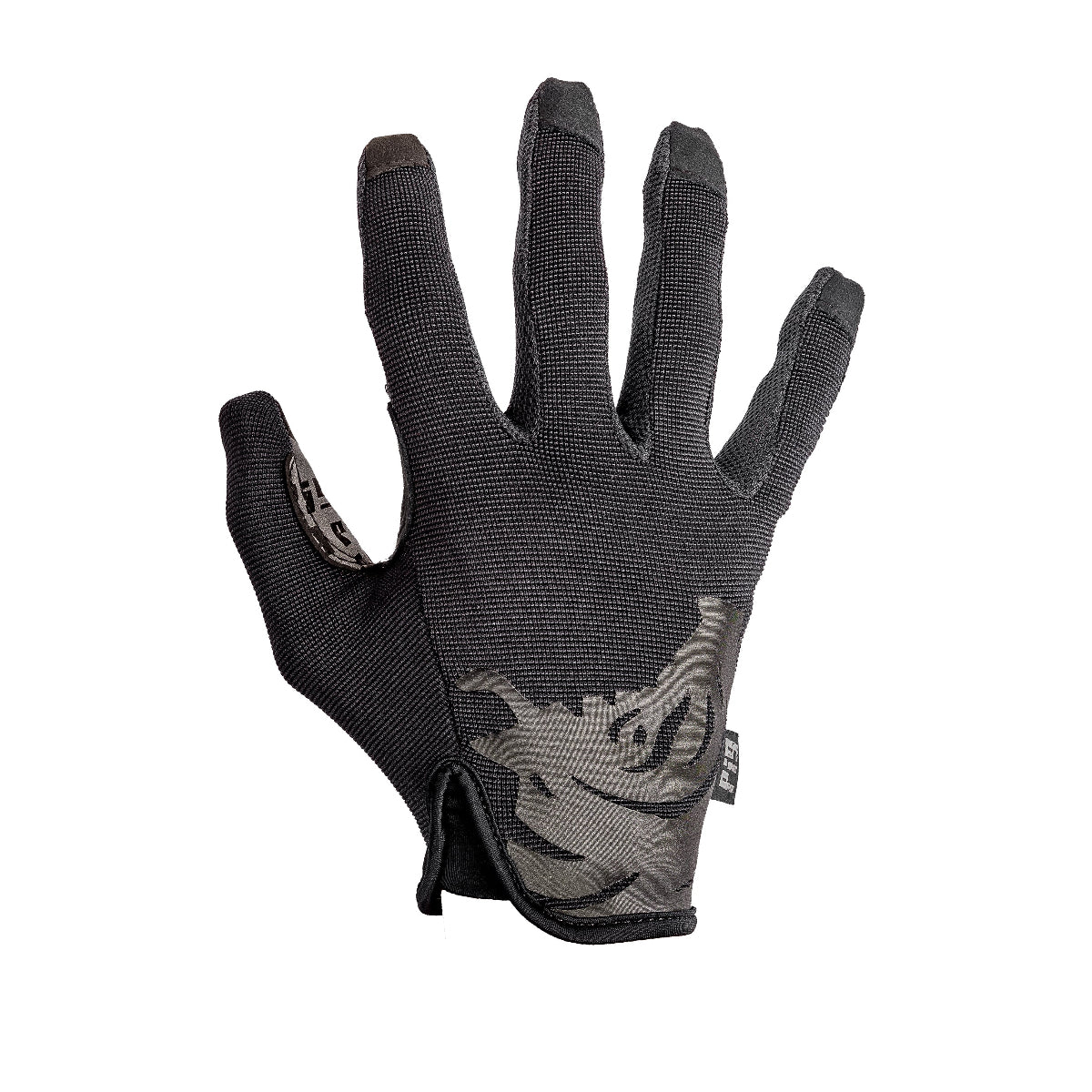 Black glove with a logo on a white background