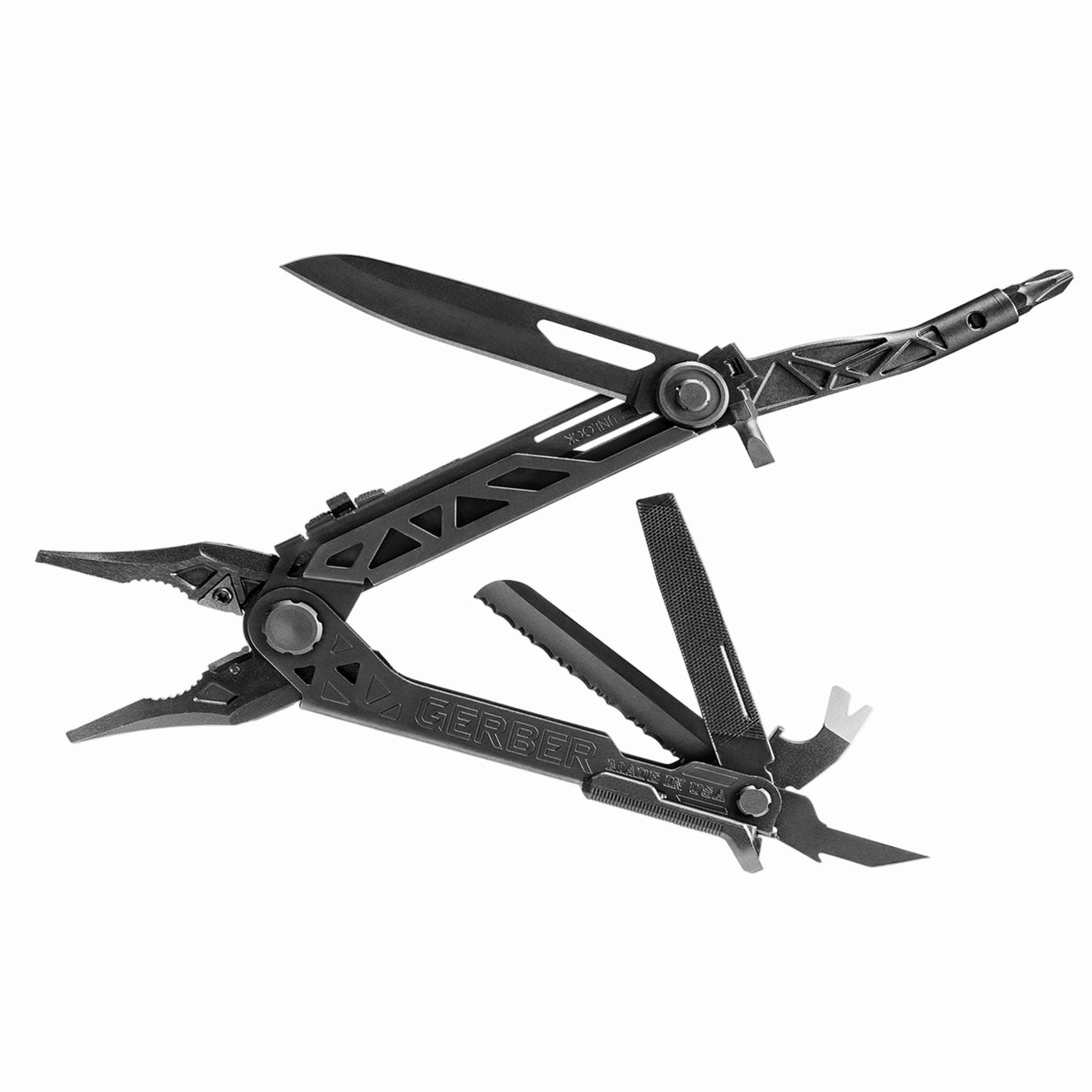 Black Gerber multi-tool with various components on a white background