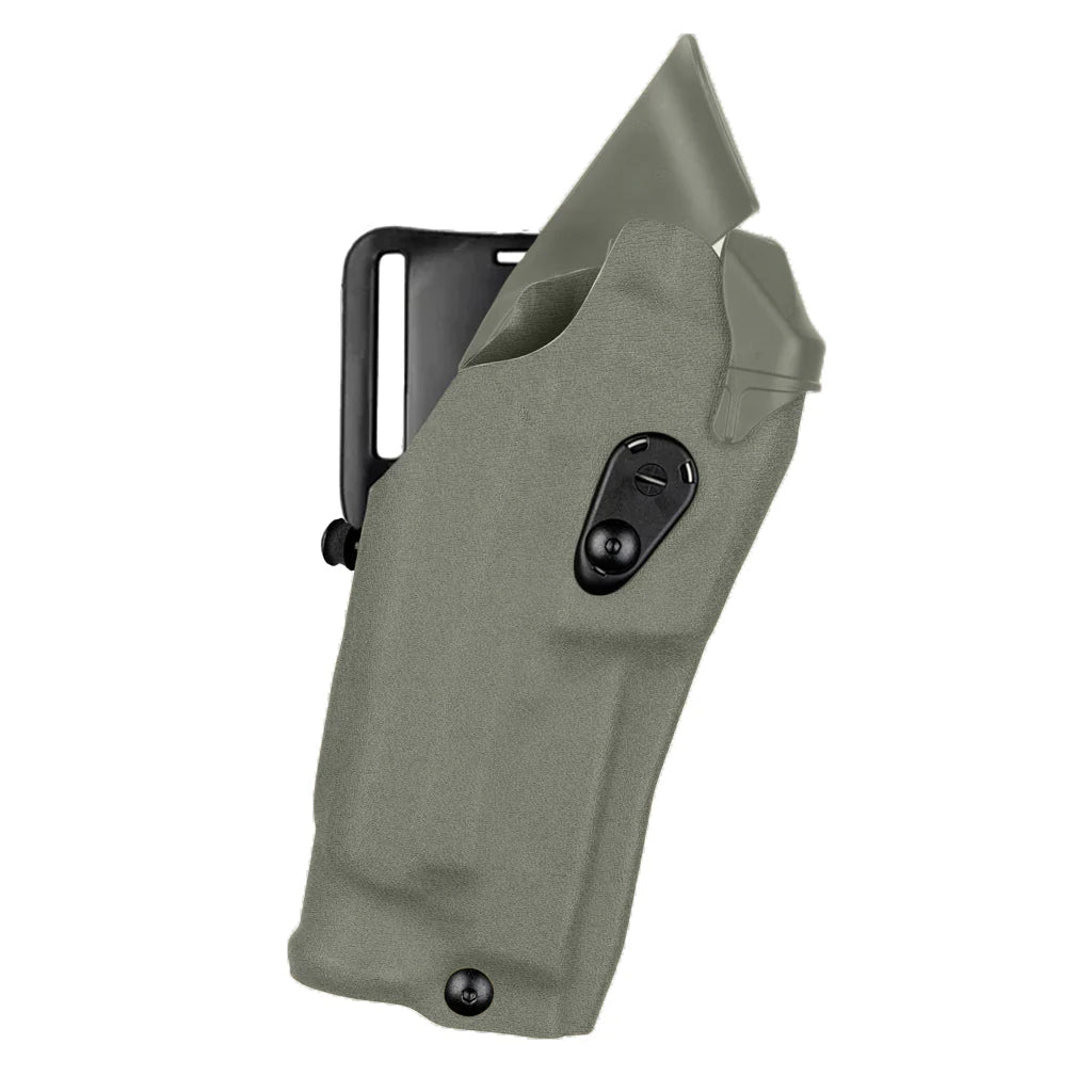 Green holster with a black clip on a white background