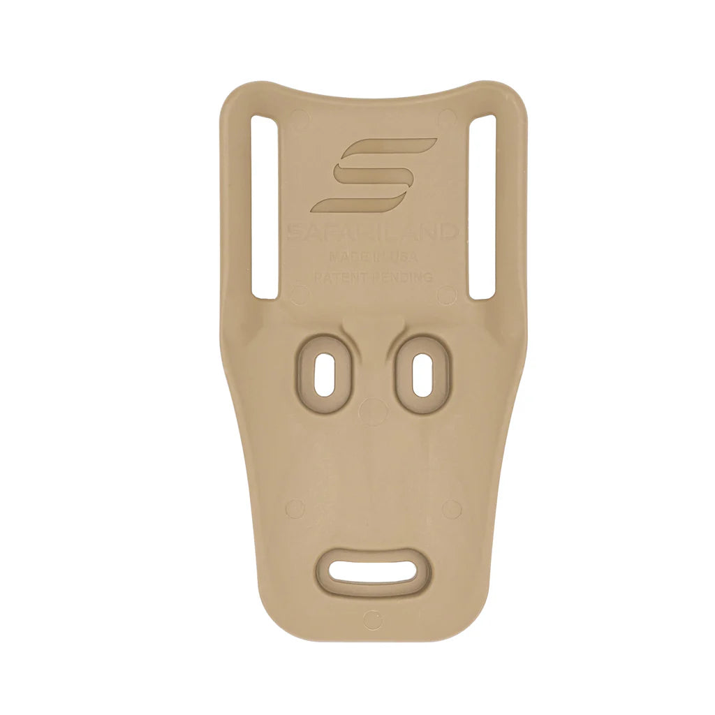 Tan plastic holster with cutouts on a white background
