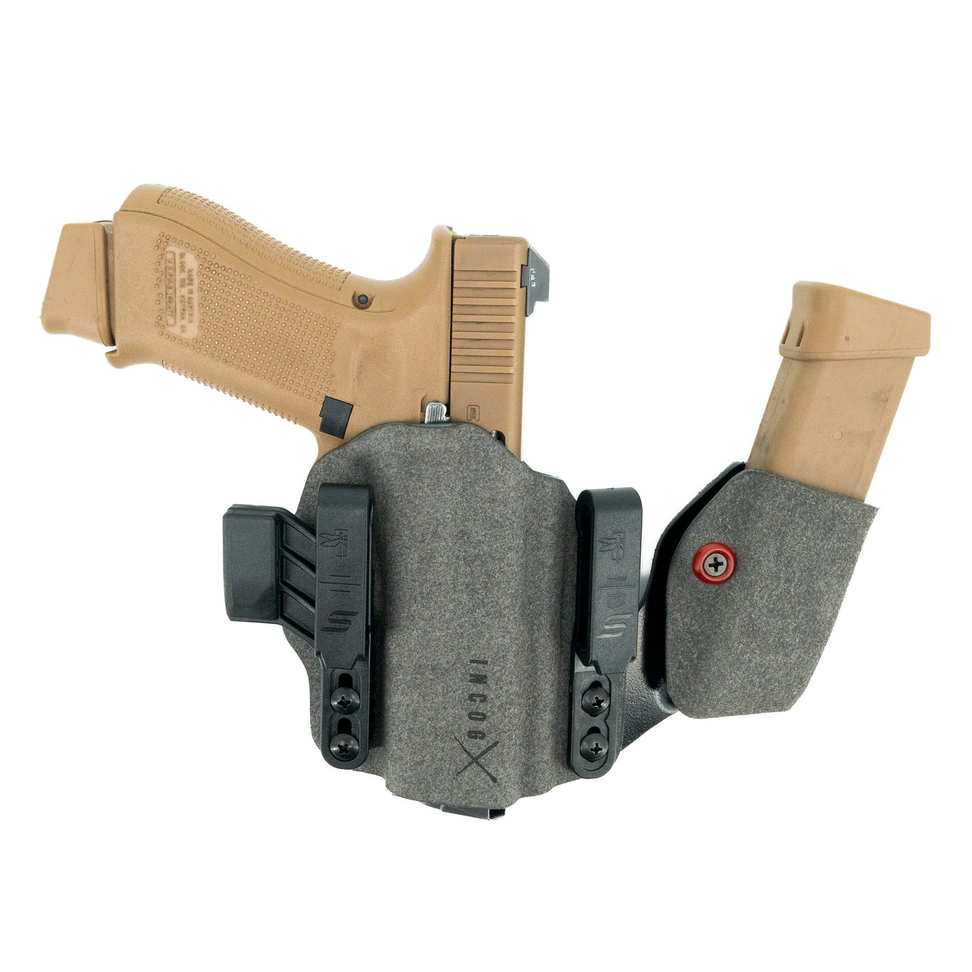 Tan handgun with gray holster on a white background